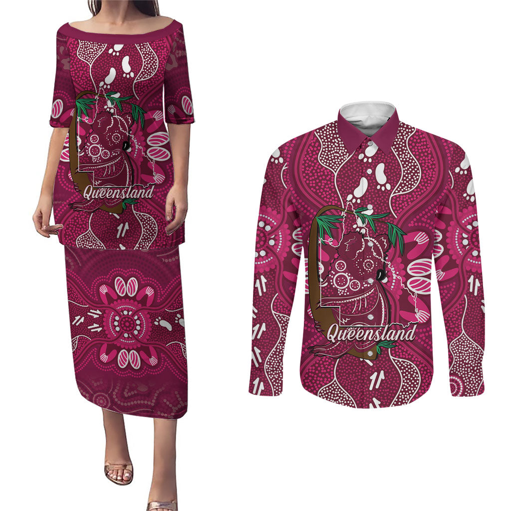 Australia Queensland Day Couples Matching Puletasi and Long Sleeve Button Shirt Koala With Map Aboriginal Art