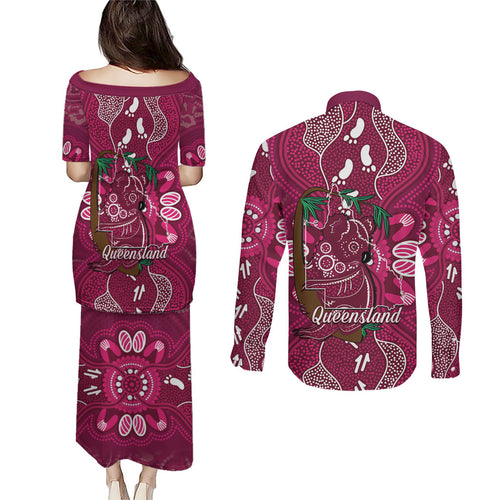 Australia Queensland Day Couples Matching Puletasi and Long Sleeve Button Shirt Koala With Map Aboriginal Art