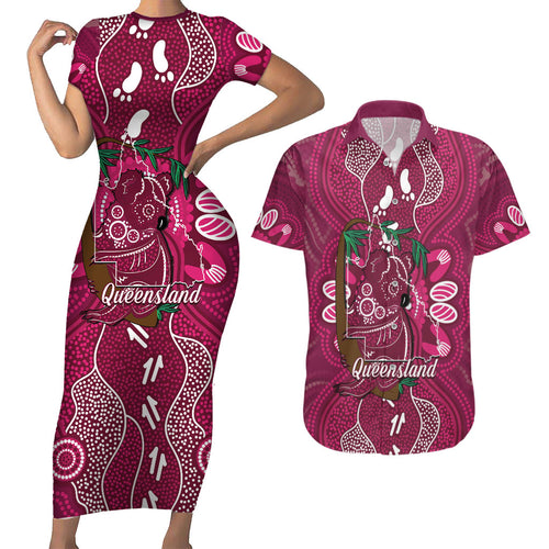 Australia Queensland Day Couples Matching Short Sleeve Bodycon Dress and Hawaiian Shirt Koala With Map Aboriginal Art