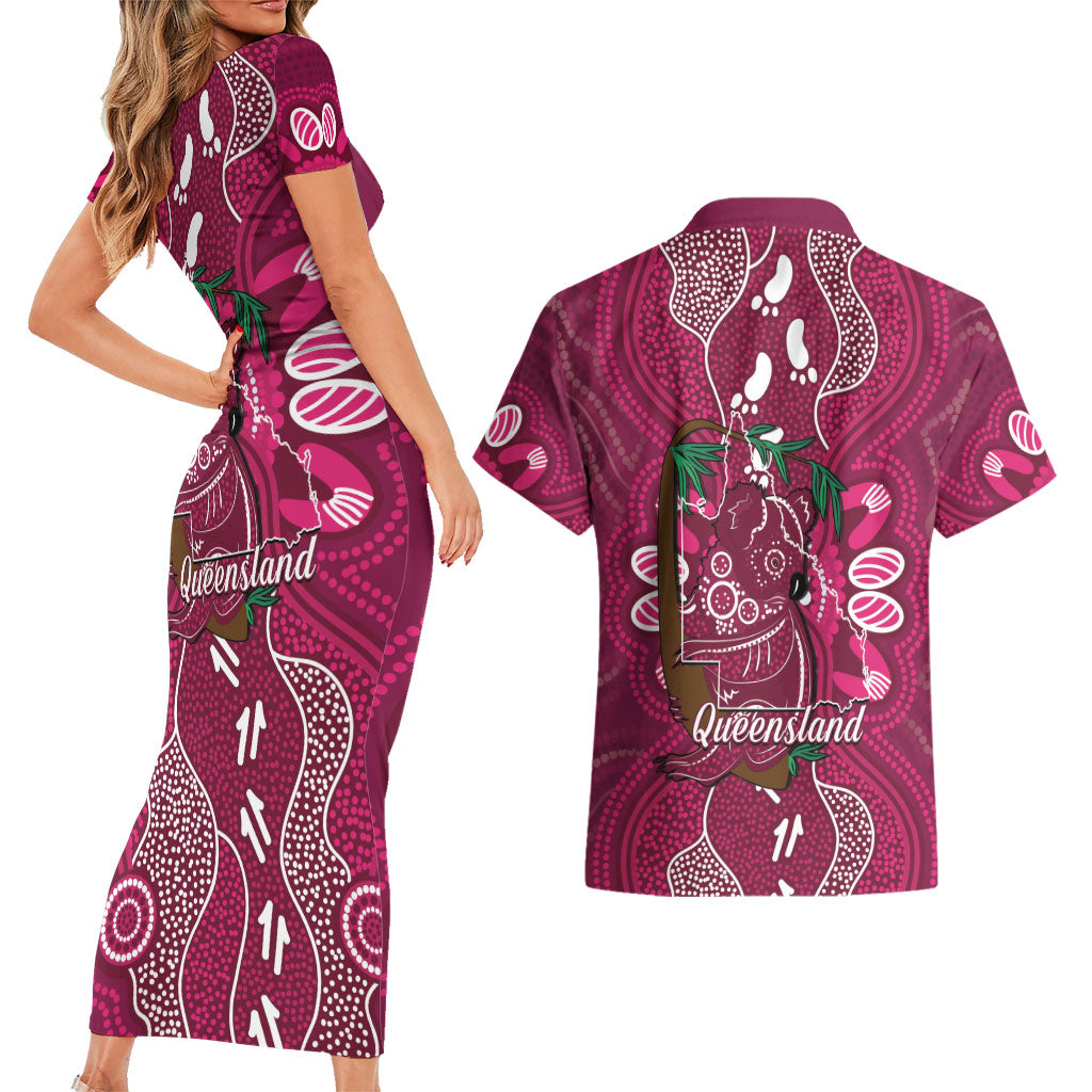 Australia Queensland Day Couples Matching Short Sleeve Bodycon Dress and Hawaiian Shirt Koala With Map Aboriginal Art