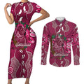 Australia Queensland Day Couples Matching Short Sleeve Bodycon Dress and Long Sleeve Button Shirt Koala With Map Aboriginal Art
