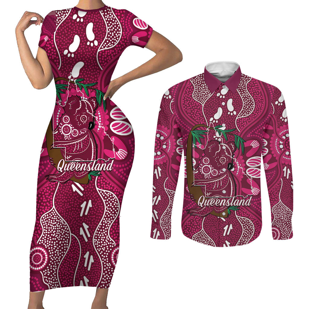 Australia Queensland Day Couples Matching Short Sleeve Bodycon Dress and Long Sleeve Button Shirt Koala With Map Aboriginal Art
