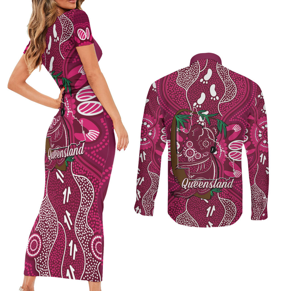 Australia Queensland Day Couples Matching Short Sleeve Bodycon Dress and Long Sleeve Button Shirt Koala With Map Aboriginal Art