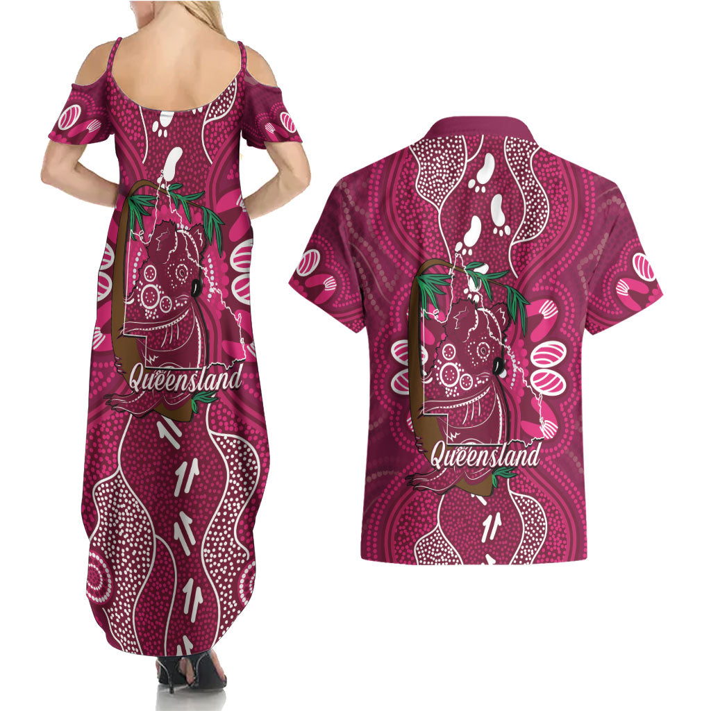 Australia Queensland Day Couples Matching Summer Maxi Dress and Hawaiian Shirt Koala With Map Aboriginal Art