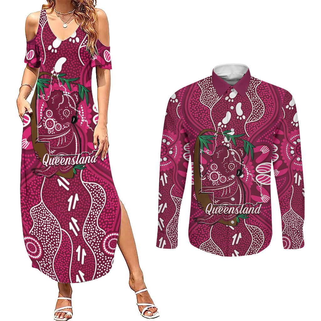 Australia Queensland Day Couples Matching Summer Maxi Dress and Long Sleeve Button Shirt Koala With Map Aboriginal Art