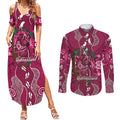 Australia Queensland Day Couples Matching Summer Maxi Dress and Long Sleeve Button Shirt Koala With Map Aboriginal Art