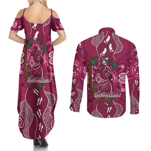 Australia Queensland Day Couples Matching Summer Maxi Dress and Long Sleeve Button Shirt Koala With Map Aboriginal Art