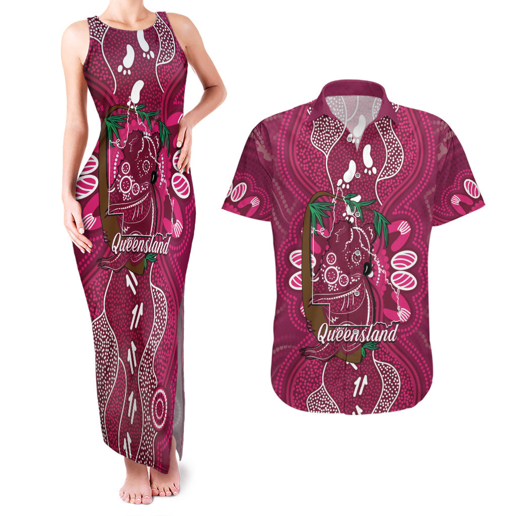 Australia Queensland Day Couples Matching Tank Maxi Dress and Hawaiian Shirt Koala With Map Aboriginal Art