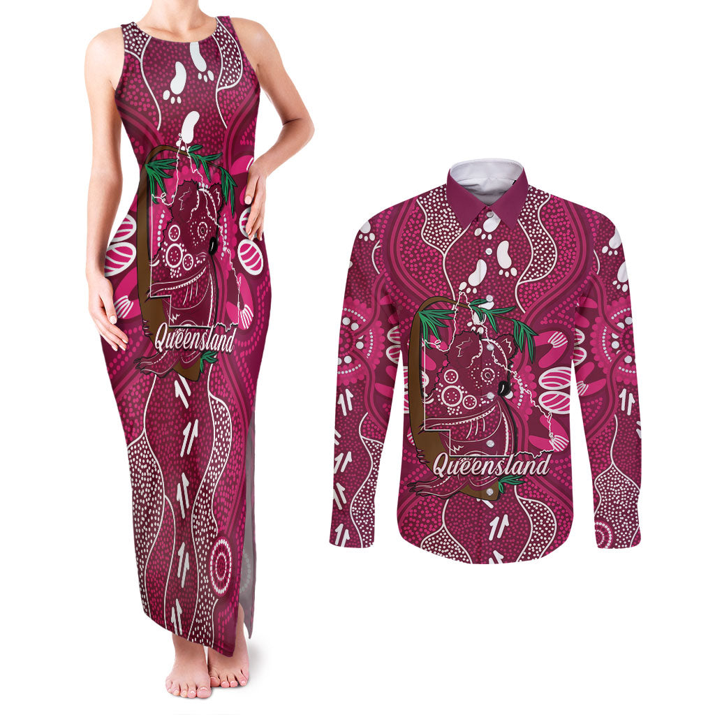 Australia Queensland Day Couples Matching Tank Maxi Dress and Long Sleeve Button Shirt Koala With Map Aboriginal Art