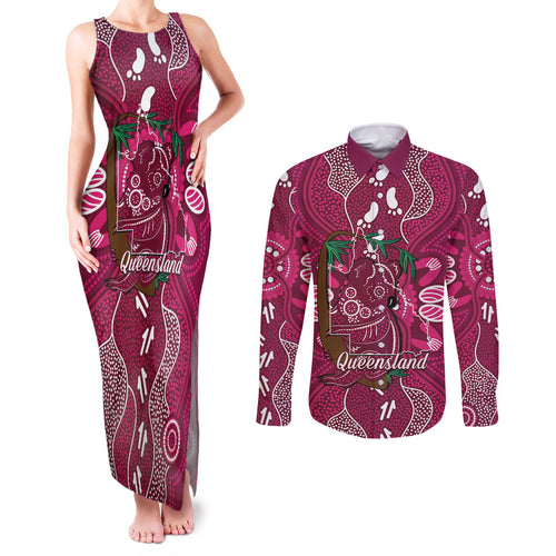 Australia Queensland Day Couples Matching Tank Maxi Dress and Long Sleeve Button Shirt Koala With Map Aboriginal Art