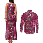 Australia Queensland Day Couples Matching Tank Maxi Dress and Long Sleeve Button Shirt Koala With Map Aboriginal Art