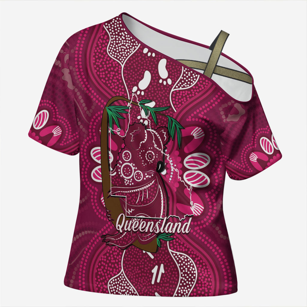 Australia Queensland Day Cross Shoulder Shirt Koala With Map Aboriginal Art