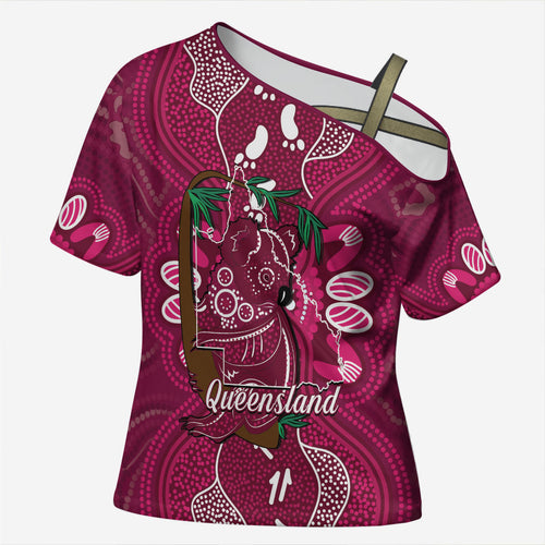 Australia Queensland Day Cross Shoulder Shirt Koala With Map Aboriginal Art
