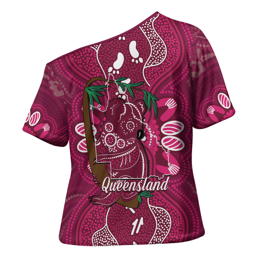 Australia Queensland Day Cross Shoulder Shirt Koala With Map Aboriginal Art