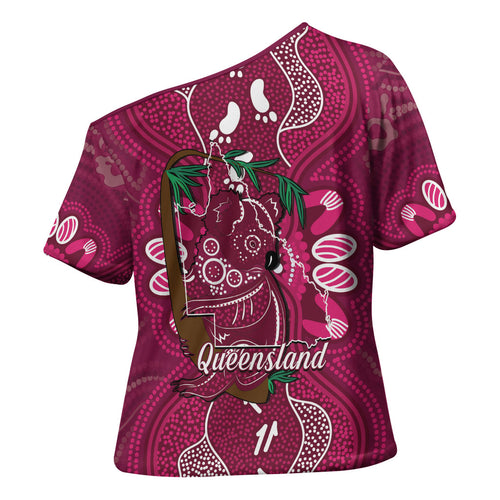 Australia Queensland Day Cross Shoulder Shirt Koala With Map Aboriginal Art