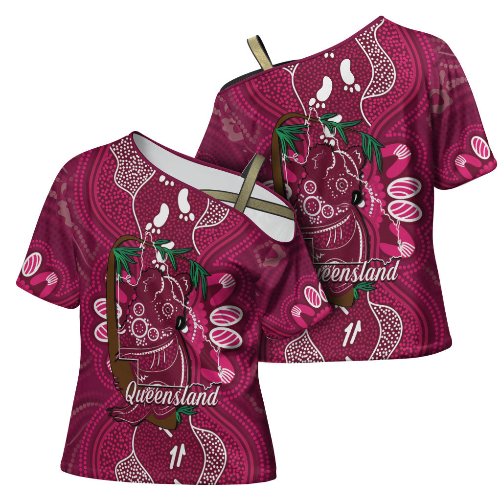 Australia Queensland Day Cross Shoulder Shirt Koala With Map Aboriginal Art