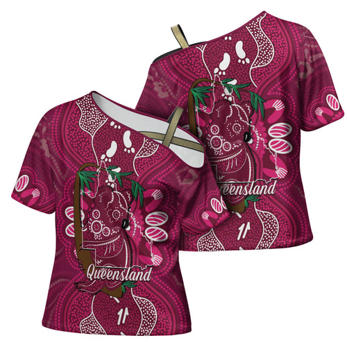 Australia Queensland Day Cross Shoulder Shirt Koala With Map Aboriginal Art