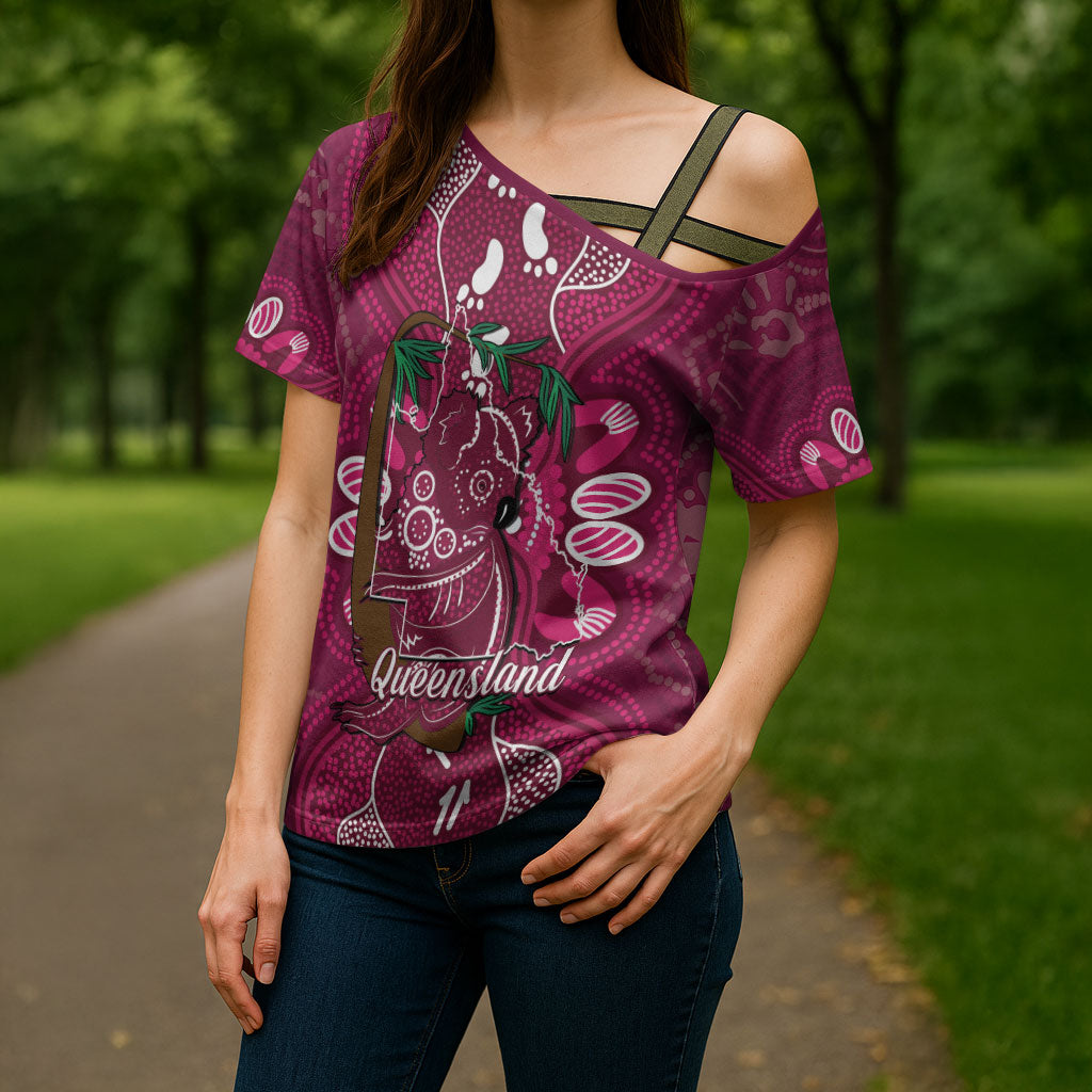 Australia Queensland Day Cross Shoulder Shirt Koala With Map Aboriginal Art