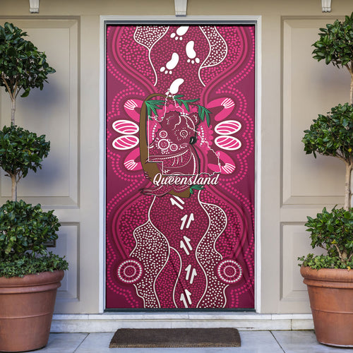 Australia Queensland Day Door Cover Koala With Map Aboriginal Art