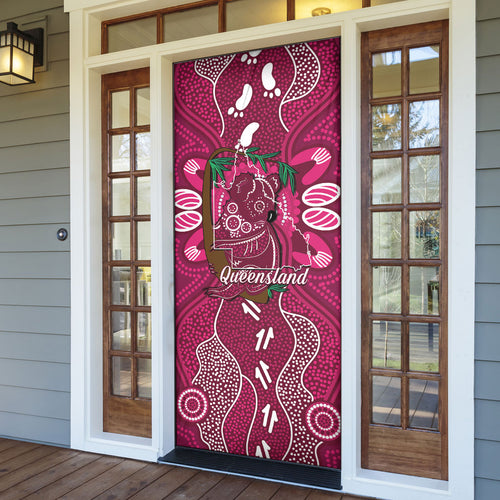 Australia Queensland Day Door Cover Koala With Map Aboriginal Art