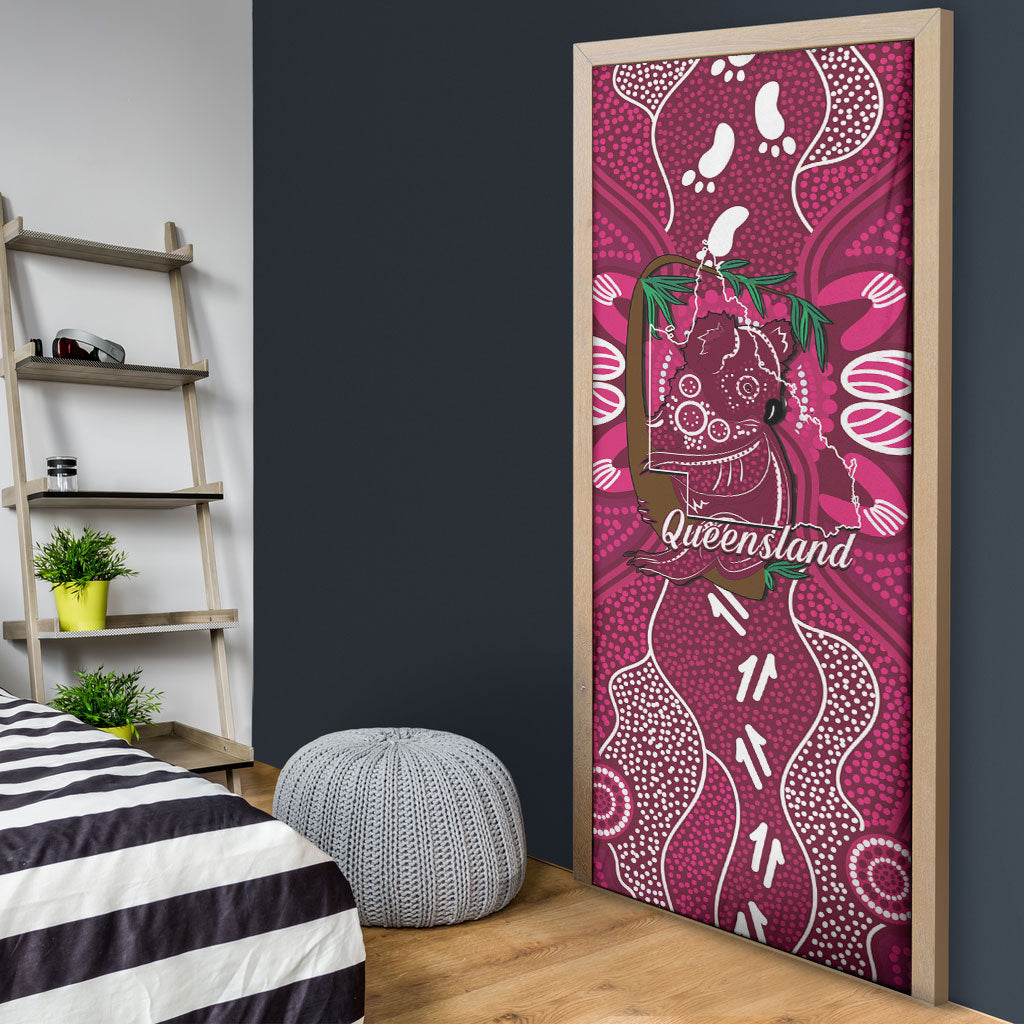 Australia Queensland Day Door Cover Koala With Map Aboriginal Art