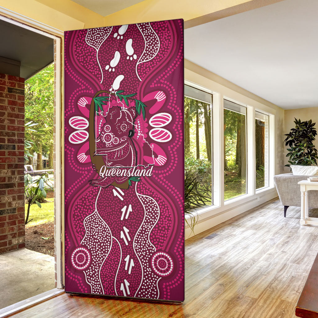 Australia Queensland Day Door Cover Koala With Map Aboriginal Art
