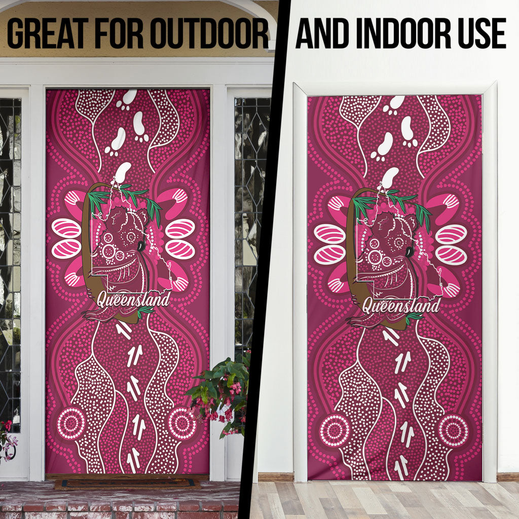 Australia Queensland Day Door Cover Koala With Map Aboriginal Art