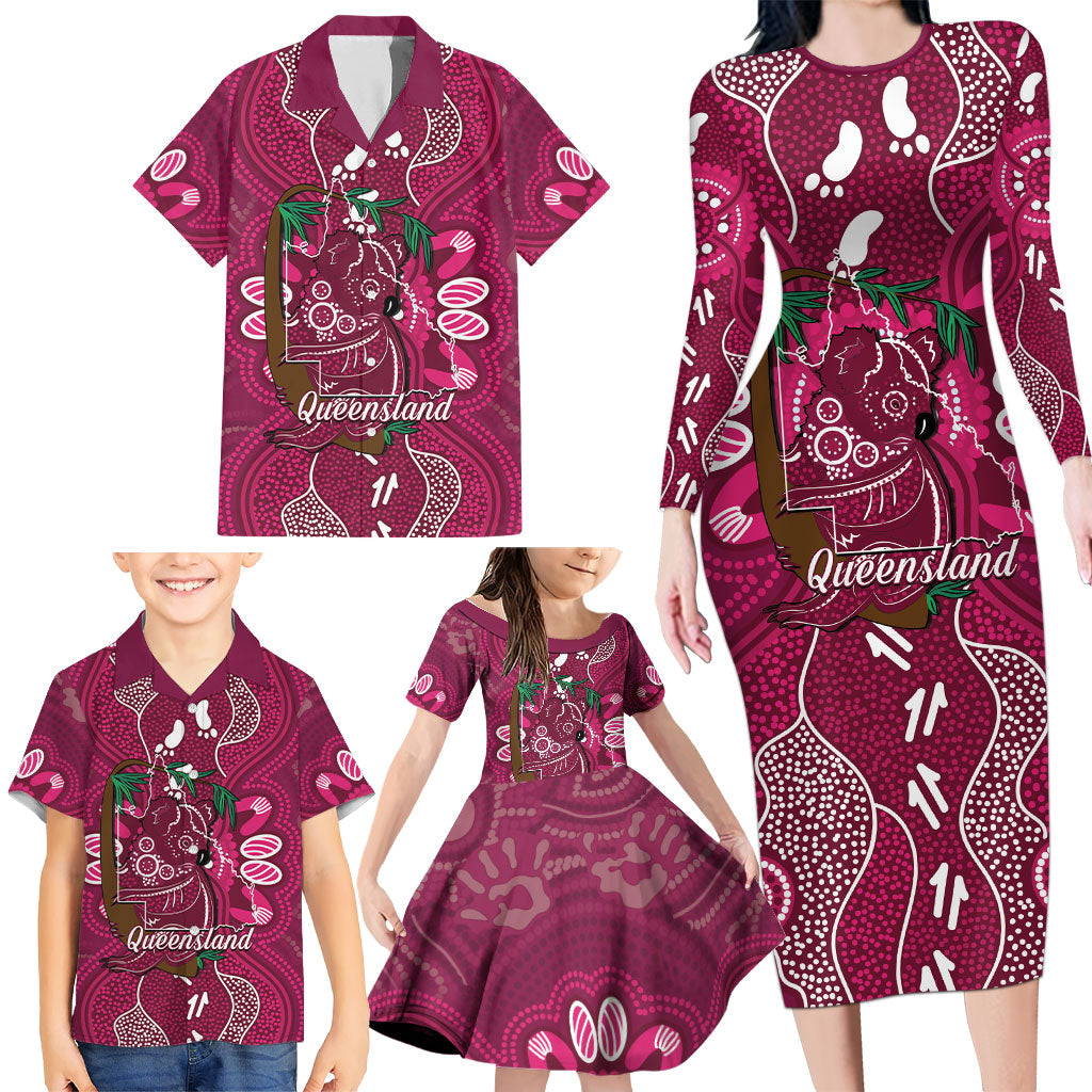 Australia Queensland Day Family Matching Long Sleeve Bodycon Dress and Hawaiian Shirt Koala With Map Aboriginal Art