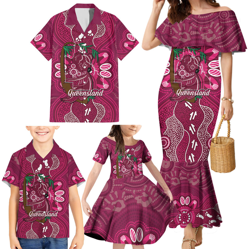 Australia Queensland Day Family Matching Mermaid Dress and Hawaiian Shirt Koala With Map Aboriginal Art