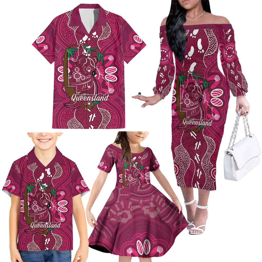 Australia Queensland Day Family Matching Off The Shoulder Long Sleeve Dress and Hawaiian Shirt Koala With Map Aboriginal Art