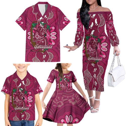 Australia Queensland Day Family Matching Off The Shoulder Long Sleeve Dress and Hawaiian Shirt Koala With Map Aboriginal Art