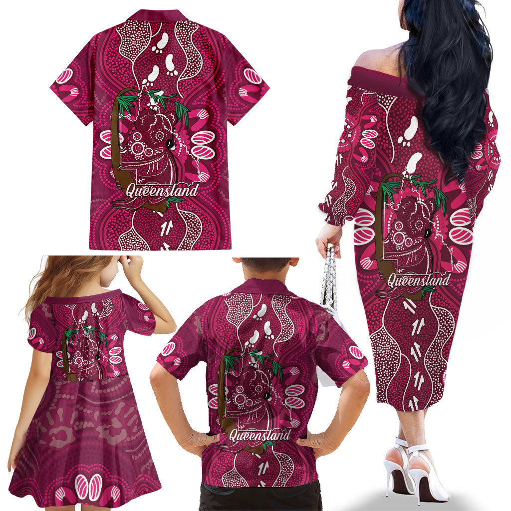 Australia Queensland Day Family Matching Off The Shoulder Long Sleeve Dress and Hawaiian Shirt Koala With Map Aboriginal Art