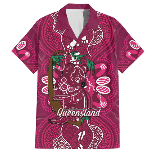 Australia Queensland Day Family Matching Off The Shoulder Long Sleeve Dress and Hawaiian Shirt Koala With Map Aboriginal Art