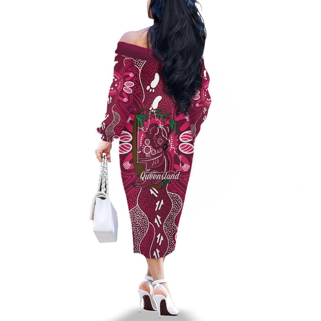 Australia Queensland Day Family Matching Off The Shoulder Long Sleeve Dress and Hawaiian Shirt Koala With Map Aboriginal Art