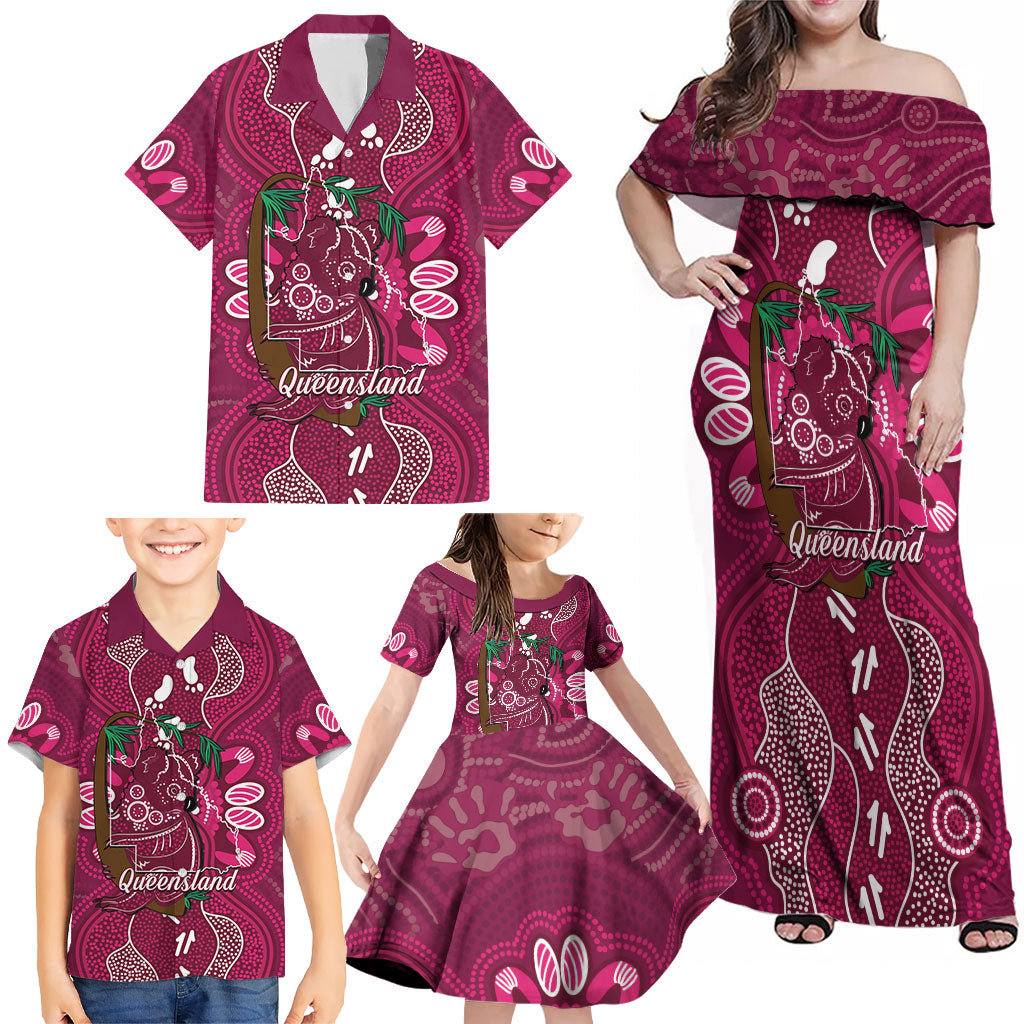 Australia Queensland Day Family Matching Off Shoulder Maxi Dress and Hawaiian Shirt Koala With Map Aboriginal Art