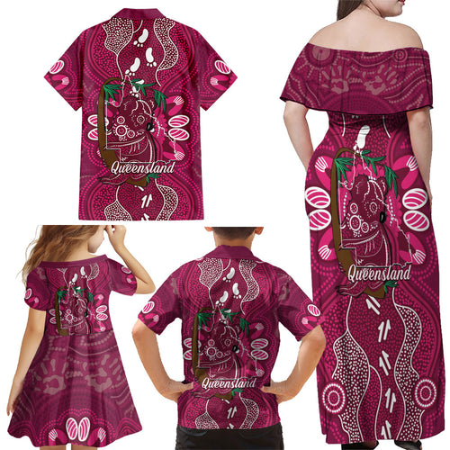 Australia Queensland Day Family Matching Off Shoulder Maxi Dress and Hawaiian Shirt Koala With Map Aboriginal Art