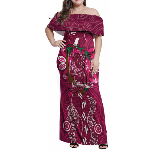 Australia Queensland Day Family Matching Off Shoulder Maxi Dress and Hawaiian Shirt Koala With Map Aboriginal Art