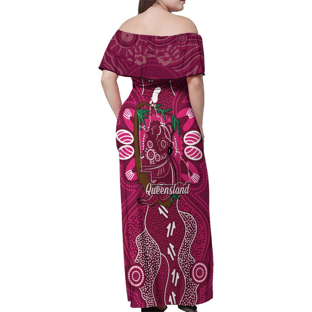 Australia Queensland Day Family Matching Off Shoulder Maxi Dress and Hawaiian Shirt Koala With Map Aboriginal Art