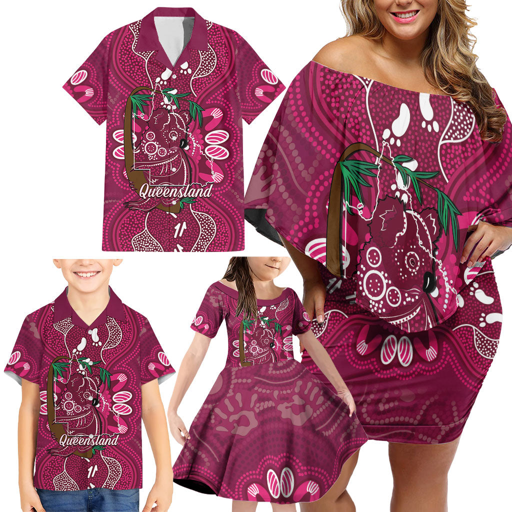 Australia Queensland Day Family Matching Off Shoulder Short Dress and Hawaiian Shirt Koala With Map Aboriginal Art