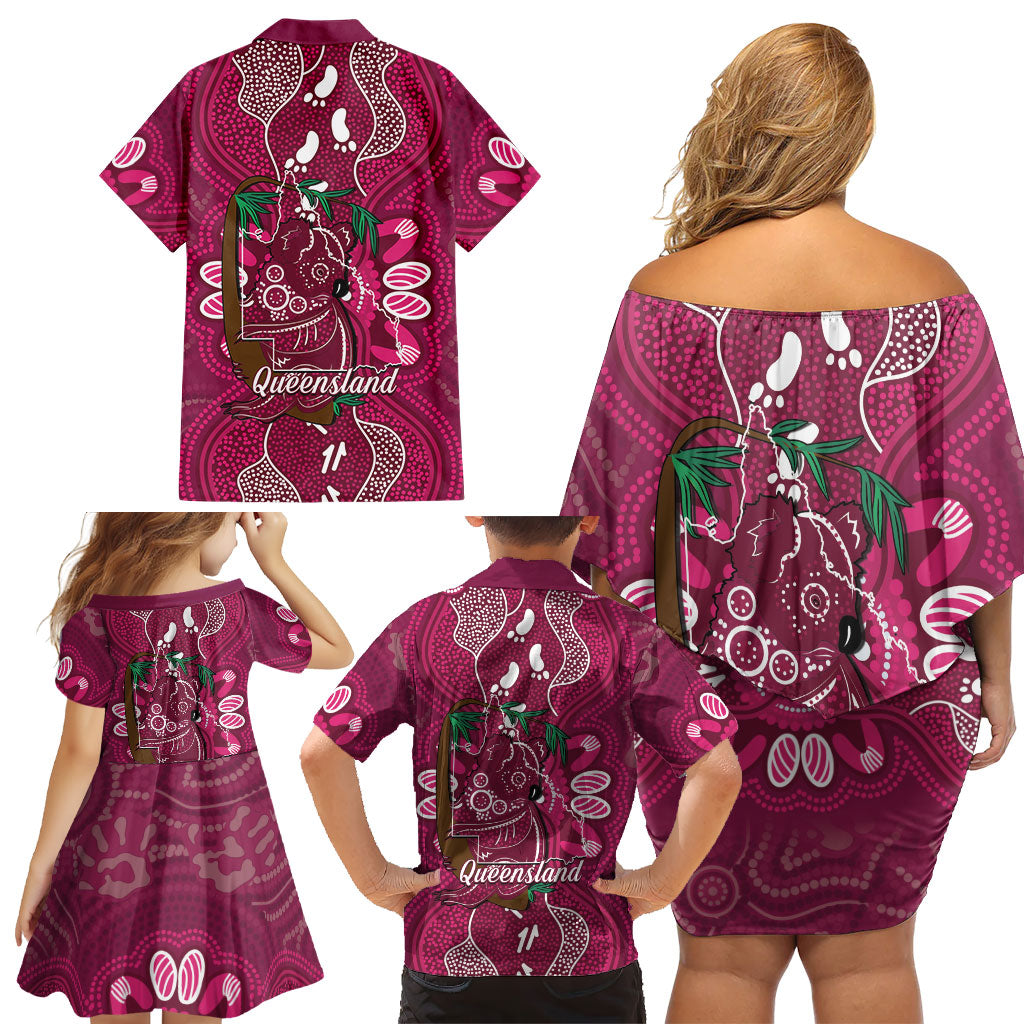 Australia Queensland Day Family Matching Off Shoulder Short Dress and Hawaiian Shirt Koala With Map Aboriginal Art