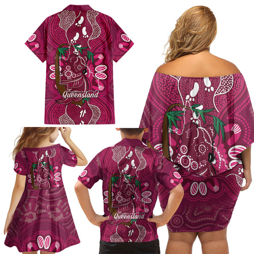 Australia Queensland Day Family Matching Off Shoulder Short Dress and Hawaiian Shirt Koala With Map Aboriginal Art
