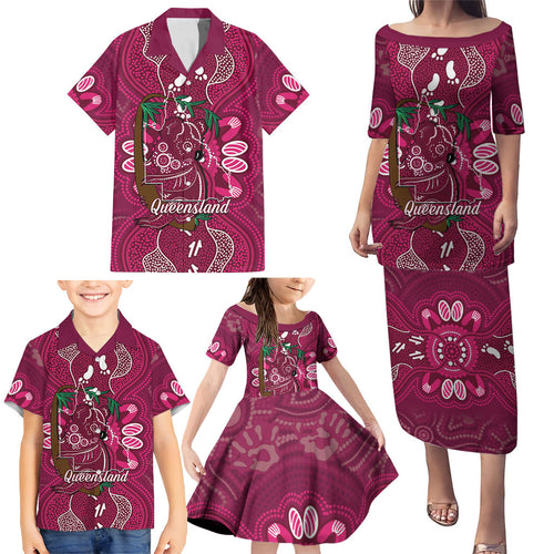 Australia Queensland Day Family Matching Puletasi and Hawaiian Shirt Koala With Map Aboriginal Art