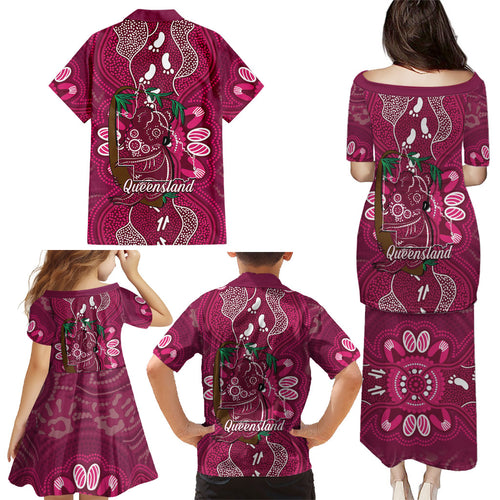 Australia Queensland Day Family Matching Puletasi and Hawaiian Shirt Koala With Map Aboriginal Art