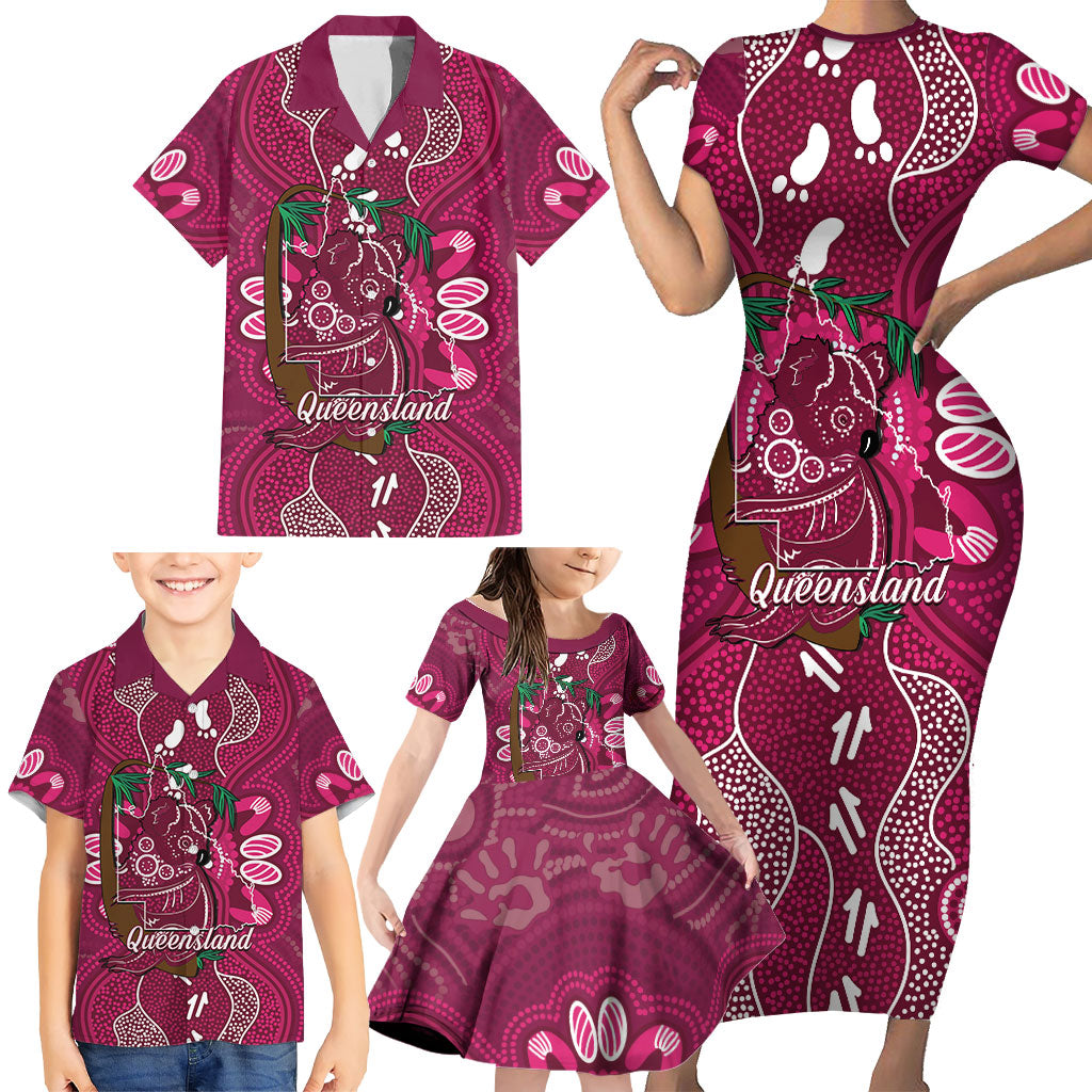 Australia Queensland Day Family Matching Short Sleeve Bodycon Dress and Hawaiian Shirt Koala With Map Aboriginal Art