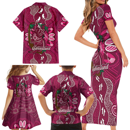 Australia Queensland Day Family Matching Short Sleeve Bodycon Dress and Hawaiian Shirt Koala With Map Aboriginal Art