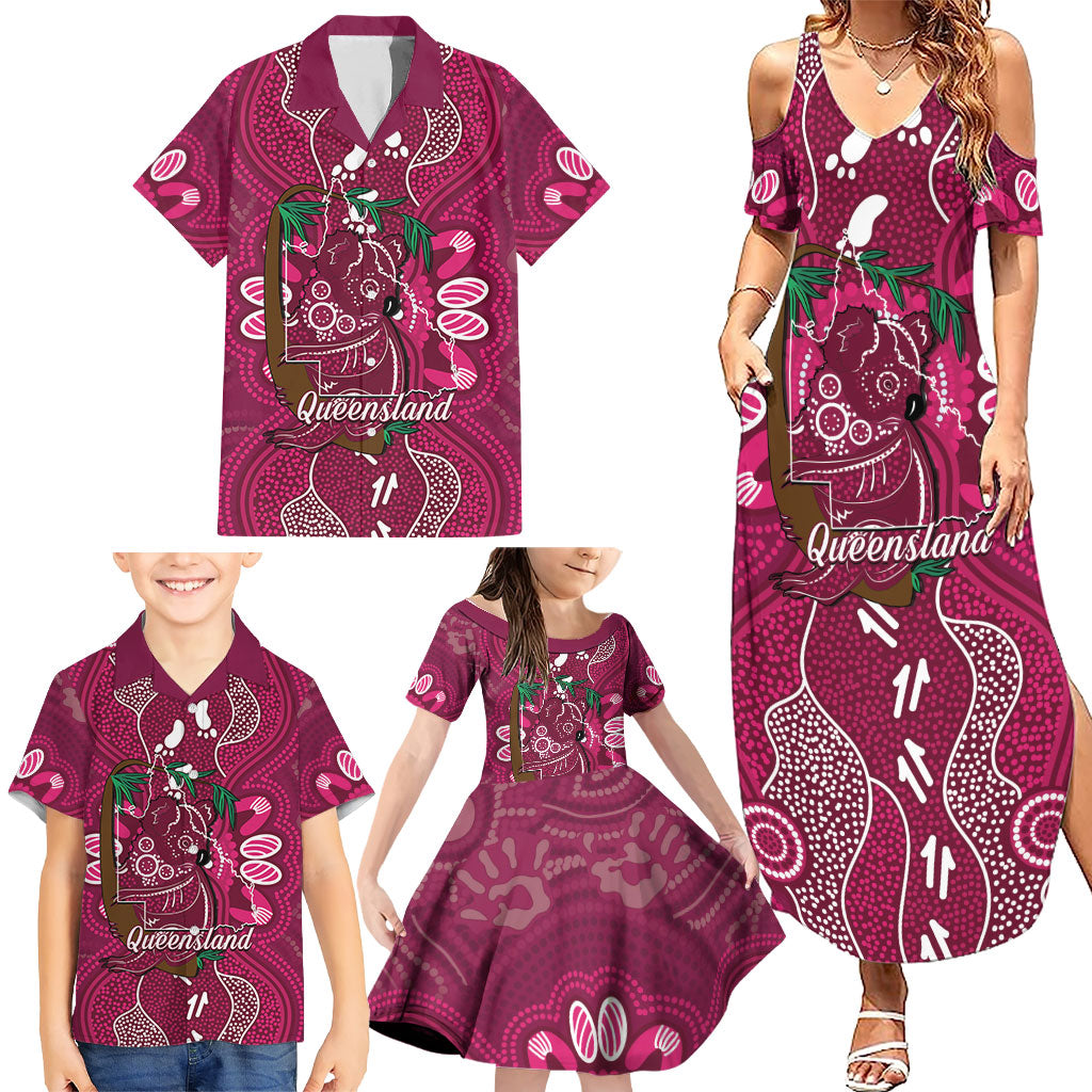 Australia Queensland Day Family Matching Summer Maxi Dress and Hawaiian Shirt Koala With Map Aboriginal Art