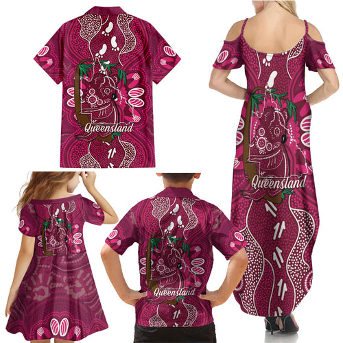 Australia Queensland Day Family Matching Summer Maxi Dress and Hawaiian Shirt Koala With Map Aboriginal Art