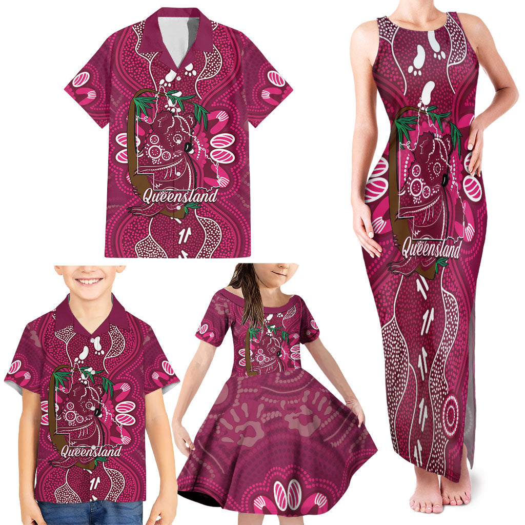 Australia Queensland Day Family Matching Tank Maxi Dress and Hawaiian Shirt Koala With Map Aboriginal Art