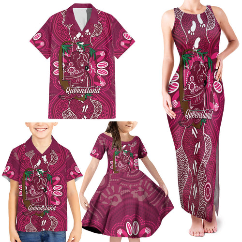 Australia Queensland Day Family Matching Tank Maxi Dress and Hawaiian Shirt Koala With Map Aboriginal Art