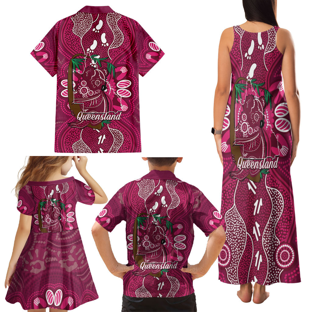 Australia Queensland Day Family Matching Tank Maxi Dress and Hawaiian Shirt Koala With Map Aboriginal Art